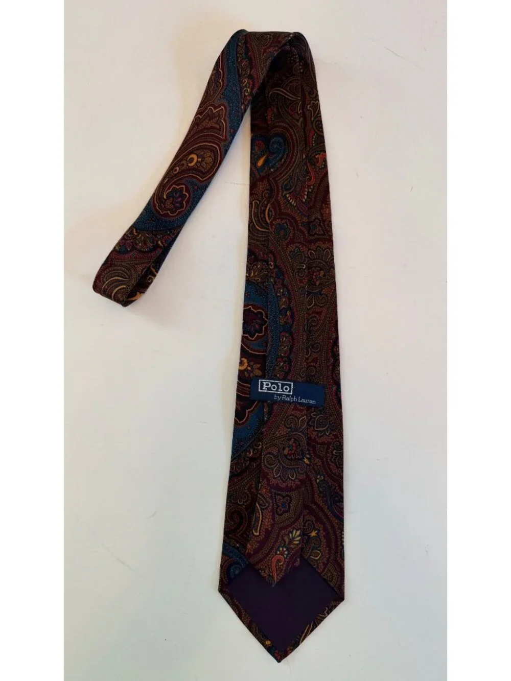 Polo By Ralph Lauren Vintage Silk Tie Paisley Print Burgundy & Blue Made In USA
